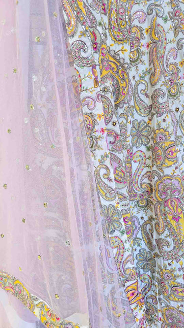 White and Pink Crepe Paisley Lehenga