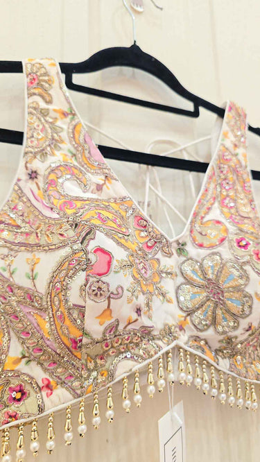 White and Pink Crepe Paisley Lehenga
