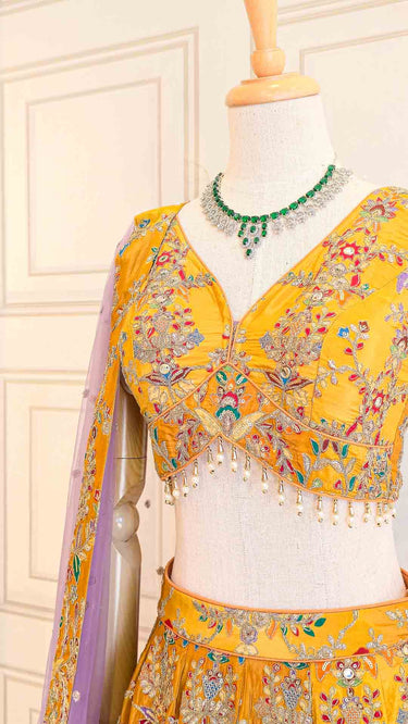 Yellow Position Print Lehenga with Purple Shawl