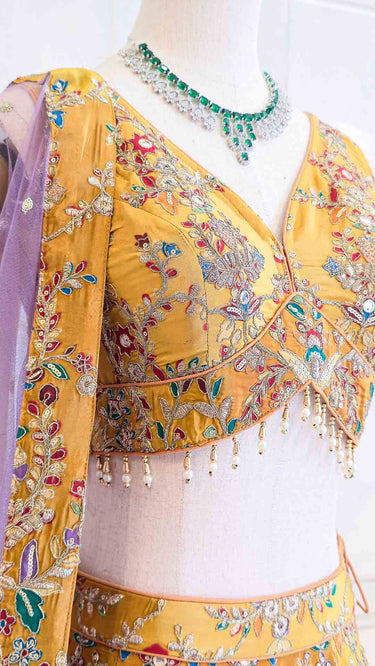 Yellow Position Print Lehenga with Purple Shawl
