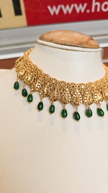 Gold Imitation Mini Haar Dyuti with Green Pearls