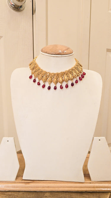 Gold Imitation Mini Haar Dyuti with Red Pearls