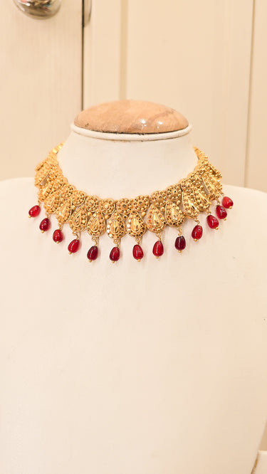Gold Imitation Mini Haar Dyuti with Red Pearls