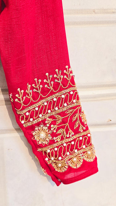 Vichitra Silk Handembroidered Full Sleeves Blouse in High Neckline