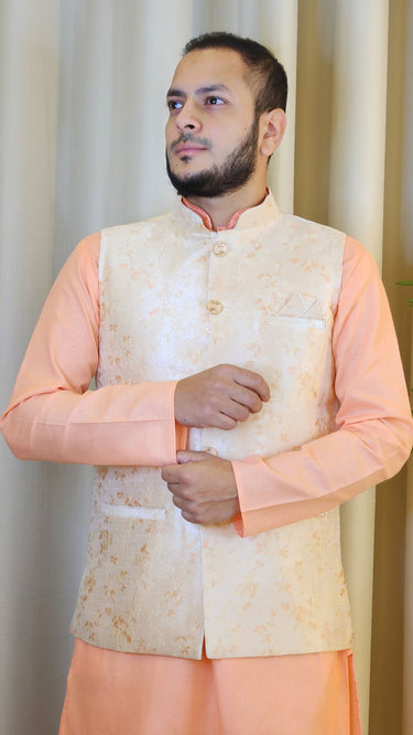 Beige and Peach Thread Embroidered Floral Nehru Jacket - House of Nepal