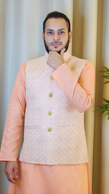 Light Pink Sequin Embossed Embroidery Nehru Jacket - House of Nepal