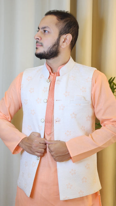 Peach and White Shimmer Embroidered Nehru Jacket - House of Nepal