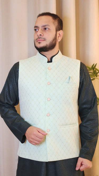Mint Green Zari Embroidered Nehru Jacket - House of Nepal