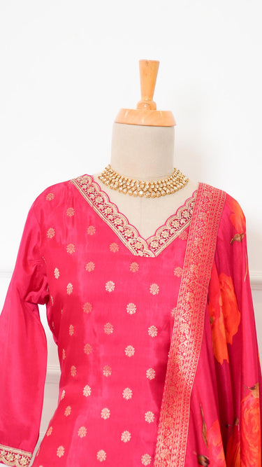 Rani Pink V Neck Kurta Suit with Floral Shawl