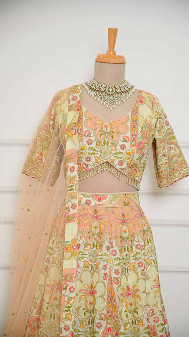 Cream Position Print Multicolor Haldi Mehendi Lehenga