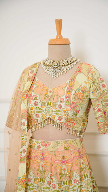 Cream Position Print Multicolor Haldi Mehendi Lehenga