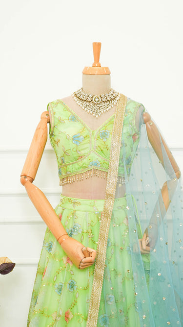 Green Organza Floral Zari Embroidered Lehenga