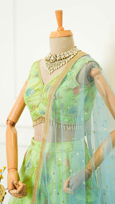 Green Organza Floral Zari Embroidered Lehenga