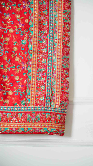 Red Sequin Saree with Multicolor Floral Prints