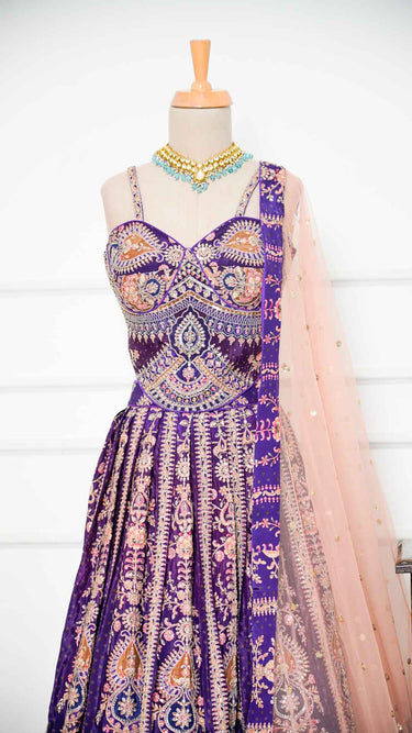 Purple Ombre Position Print Lehenga with Contrast Peach Shawl