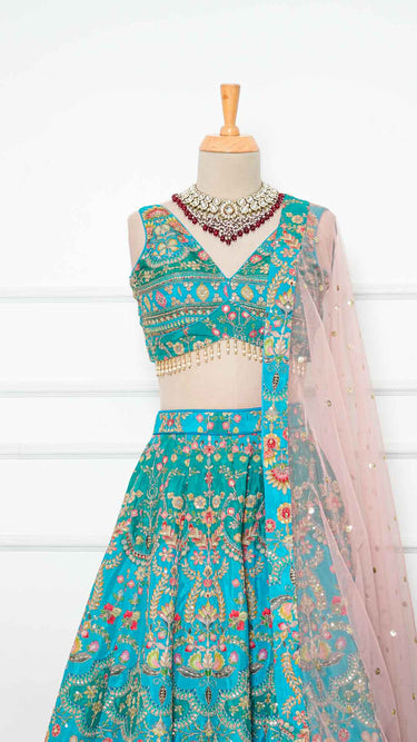 Aqua Position Print Multicolor Haldi Mehendi Lehenga