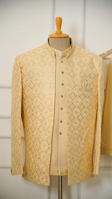 Men's Cream Indowestern Thread Embroidered Shrug Suit