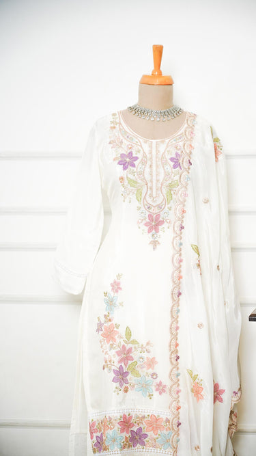 White Threadembroidered Crepe Kurta Suit with Pant