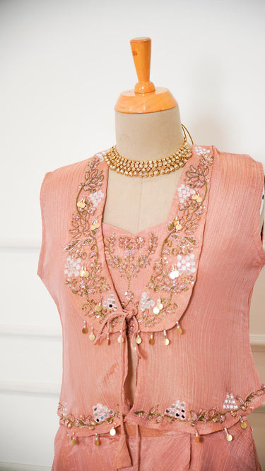 Peach Handembroidered Jacket Suit with Sarara