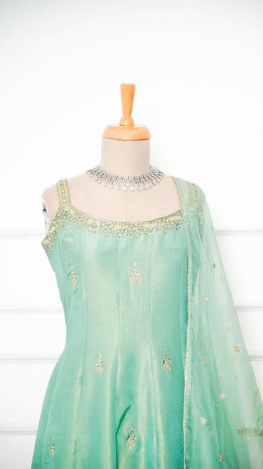 Sleeveless Sage Green Sarara Suit with Handwork Butti