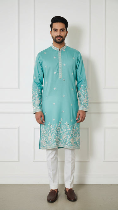 Mens Kurta with Butti and Embroidered Neckline