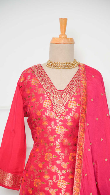 Silk Floral Kurta Suit with Neck Embroidery