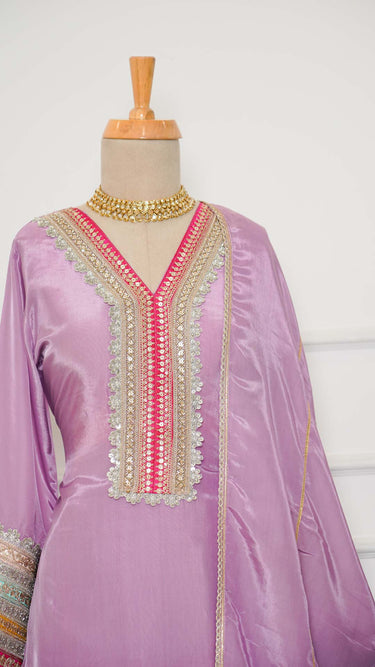 Kurti Suit with Hand Embroidered Neckline and Floral Shawl