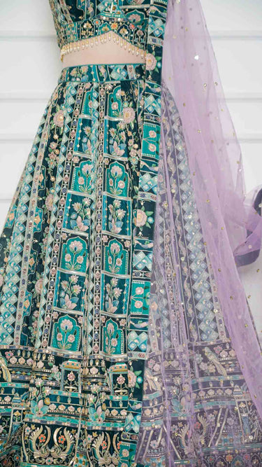 Bottle Green and Teal Multicolor Position Print Lehenga