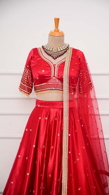 Red Silk Lehenga with Mirrorwork