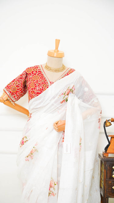 White Floral Cotton Saree with Zari Border