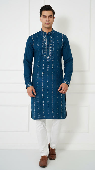Mens Silk Cotton Kurta with Vertical Embroidery