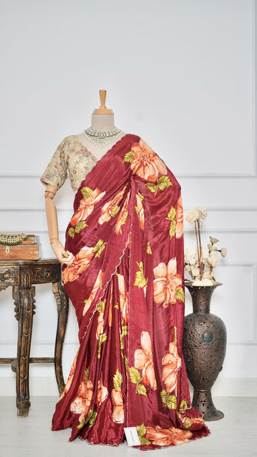 Chinon Floral Saree with Handwork