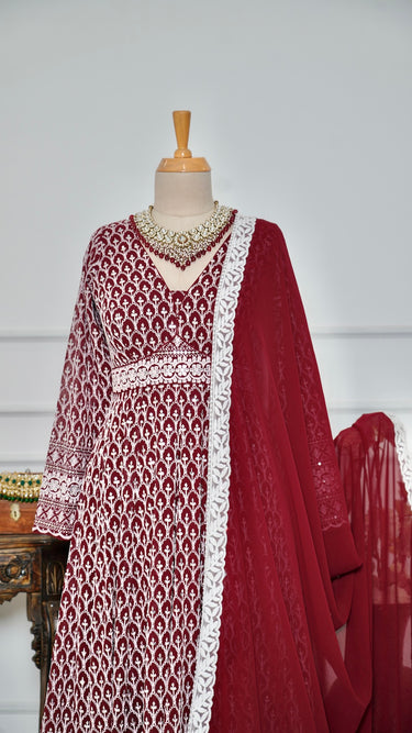 Maroon Motif Threadwork Anarkali with Chudidar and Shawl