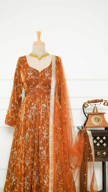 Rust Fendi Handwork Anarkali with Chudidar and Shawl