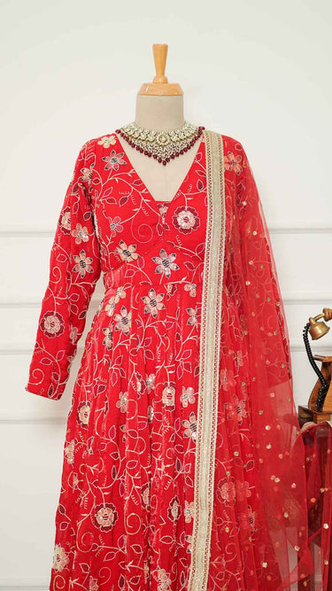 Red Floral Sequinwork Anarkali with Chudidar and Shawl