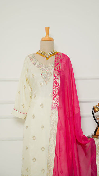 White Silk Kurti Suit with Embroidered Neckline