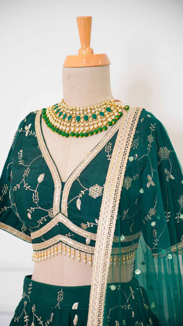 Bottle Green Hand Embroidered Vichitra Silk Lehenga