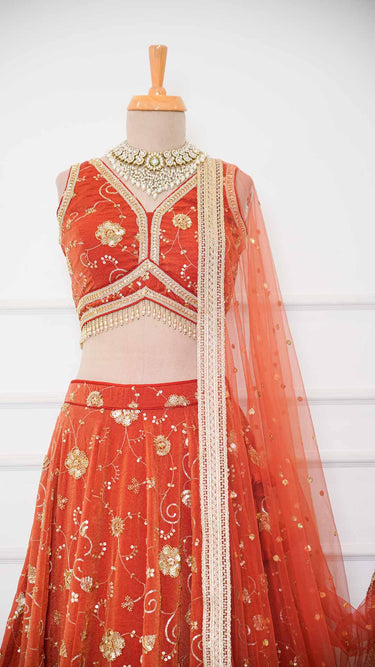 Rust Hand Embroidered Cosmos Lehenga