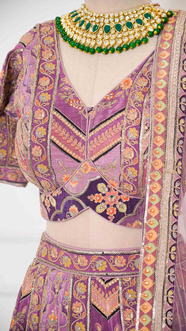 Faded Purple Position Print Lehenga in Crepe Silk