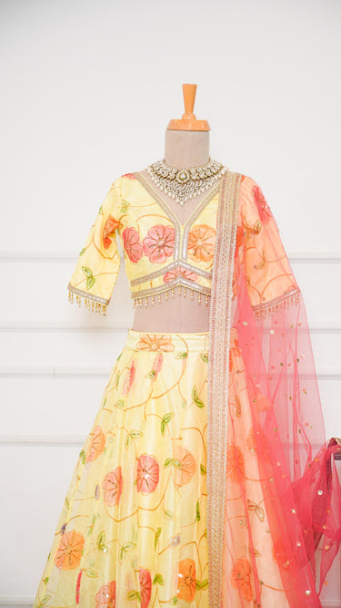Yellow Organza Floral Print Lehenga