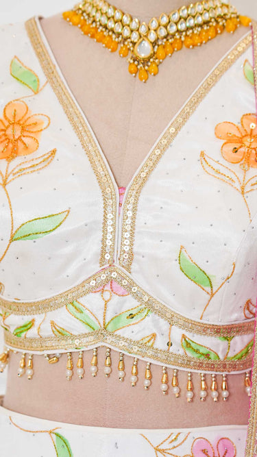 White Swarovski Organza Floral Print Lehenga