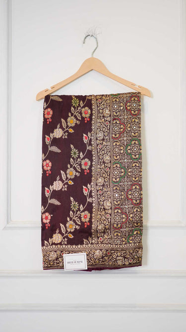 Multi Thread Hand Embroidered Floral Dola Silk Saree with Stitched Blouse
