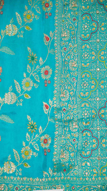 Multi Thread Hand Embroidered Floral Dola Silk Saree with Stitched Blouse