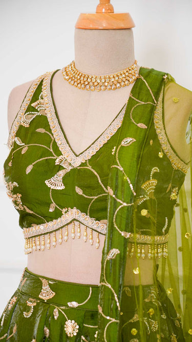 Mehendi Green Hand Embroidered Fendi Lehenga