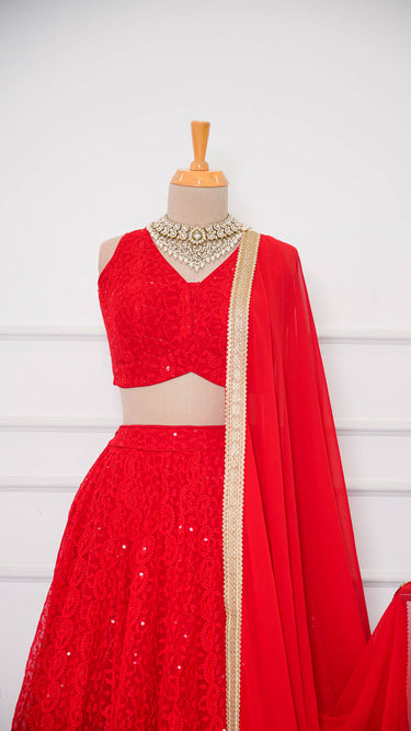 Red Sleeveless Chikankari Lehenga Set
