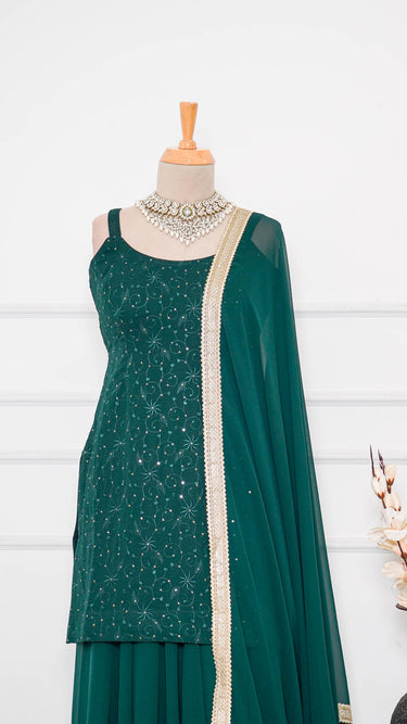 Bottle Green Thread and Sequin Georgette Sarara Suit