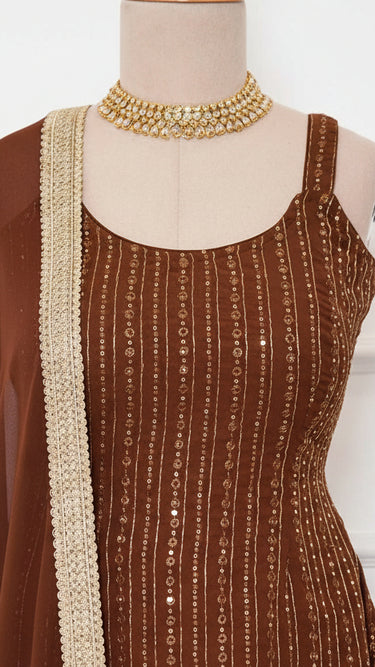 Brown Sequin Embroidered Sleeveless Sarara Suit