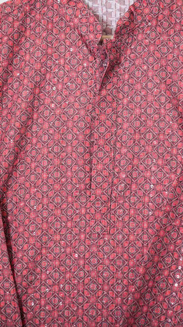 Peach Pink Digital Printed Mens Kurta in Cotton