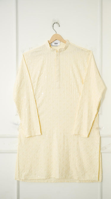 Mens Geometric Rayon Kurta in Cream