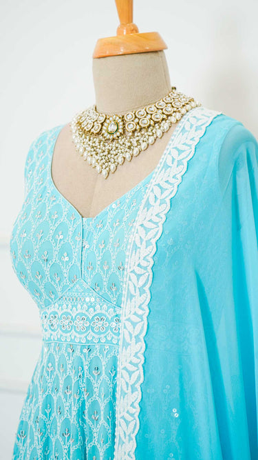 Sky Motif Anarkali with Chudidar and Shawl